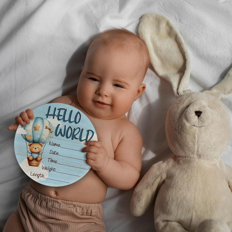 CLHHM Baby Announcement Sign, Blue Bear Hot Air Balloon Hello World Newborn Sign, Baby Shower Decorations, 6 Inch Wooden Nursery Decor Gift for Boys Girls, Birth Name Plaque - Image 3